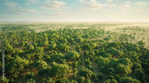 Expansive aerial view showcasing the lush greenery of the african great green wall project, symbolizing progress in environmental conservation and combating desertification