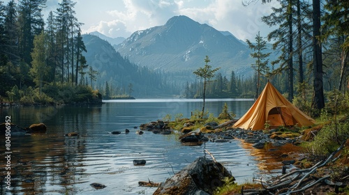 Wilderness trekking in the Siberian Taiga, remote landscapes, eco-camps, adventure tourism. Photorealistic. HD.