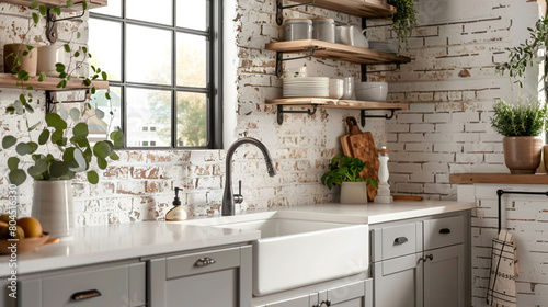 A charming farmhouse kitchen with open shelving and a farmhouse sink, adorned with a mockup frame showcasing handwritten recipes.