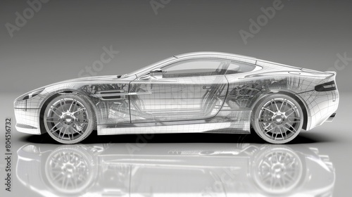  A 3D rendering of a sports car on a reflective surface, displaying the car's mirrored body image in the background