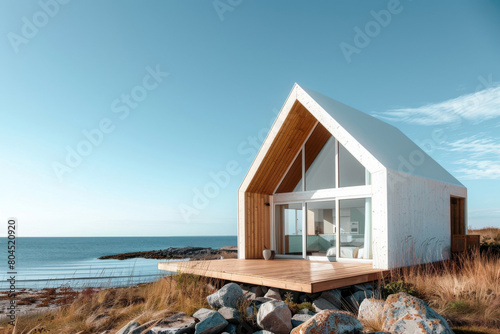 Contemporary barn house with a minimalist design, located on the coast, offers sustainable accommodation with panoramic sea views, blending luxury with environmental consciousness