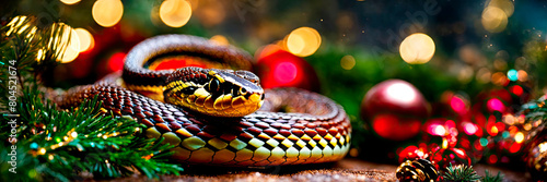snake in santa's hat year of the snake. Selective focus.