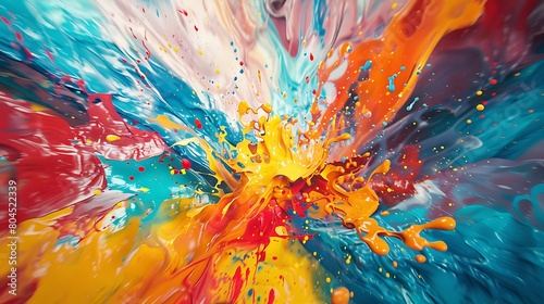  A vibrant burst of paint erupts from the canvas, creating a dynamic and colorful splash frozen in time