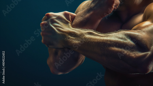 Detail shot of muscular arms engaged in arm wrestling, highlighting the tension in the muscles and veins, a study in human strength and endurance