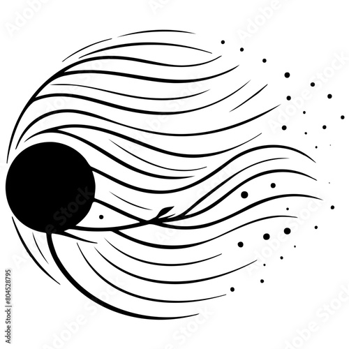 Abstract image on a white background. In the center is a large black circle, from which curved lines branch off, creating the effect of movement or wave propagation. Scattered around the circle and li