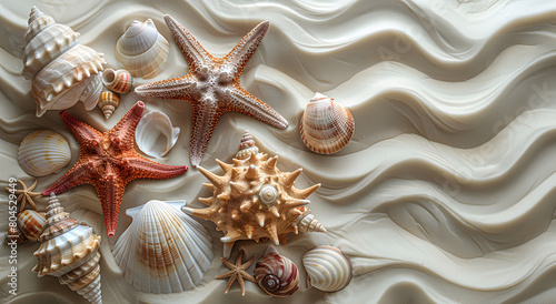 Colorful starfish and seashells on white sand.