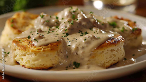 A plate of fluffy buttermilk biscuits smothered in creamy sausage gravy, a hearty and satisfying breakfast option that's perfect for a lazy weekend morning.