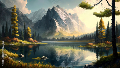 beautiful landscape with a river. Generative AI,