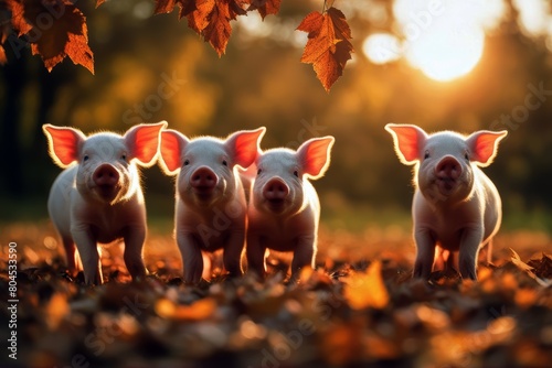 'happy playing sunset leaves piglets pig baby farm field bulgaria grass dirty smiling eat herbivorous domestic nature food animal agriculture agronomy autumn sunrise fall afterglow sundown funny'