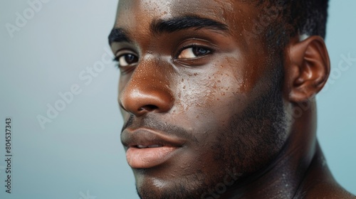 A man with flawless skin proudly displaying his unconventional birthmarks as a part of a beauty campaign aimed at promoting selflove and acceptance.
