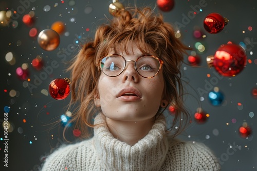 A woman with glasses and messy bun seems to marvel at Christmas baubles levitating around her, capturing a magical holiday moment