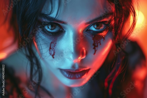 Eerie and captivating portrait of a woman with dramatic makeup and lighting, embodying horror and dark beauty