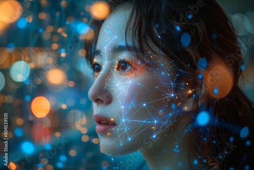 A technological illustration of a concentrated Asian woman surrounded by numerous light holographic effects, sparkling all around.