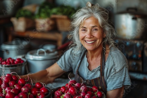 An older woman with a joyful expression holds a batch of radishes in a rustic kitchen environment