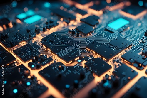 A close up of a computer chip with a blue and orange glow