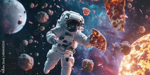 Astronaut with pizza on the background of the outer space.