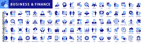 Finance icon set. With Concepts like Profit, Losses, Stock, Tax, Exchange, Budget, Funds, Earnings, Money and Revenue icons. Blue Colored Outline Icons Collection