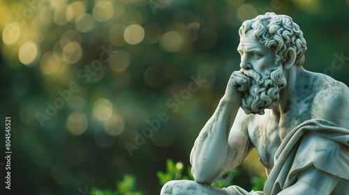 Weathered marble statue of an old bearded thinker, contemplating life. Wallpaper featuring a Greek philosopher carved in white stone with a blurred background of a park's natural scenery with trees