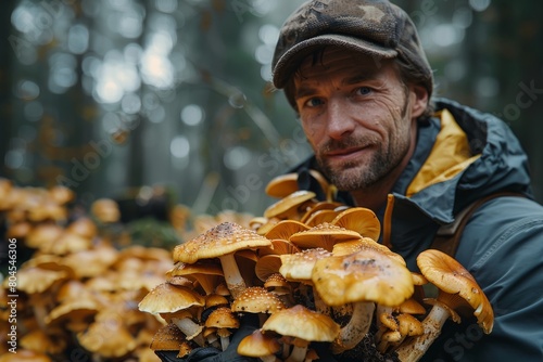 A man in outdoor gear cradling a large cluster of wild mushrooms in the forest with a subtle smile