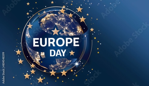 EUROPE DAY in white, inside it is an illustration of planet earth surrounded by stars on a blue background
