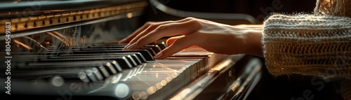 An elegant person playing piano with warm sunlight in the background