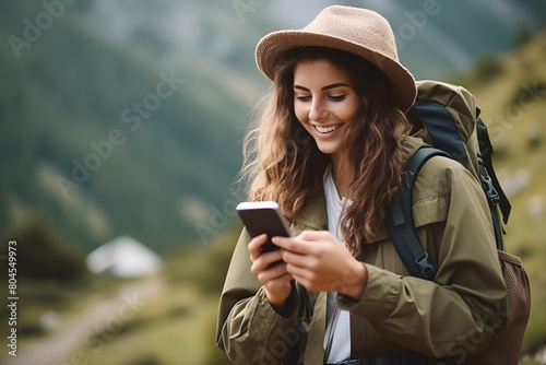 A lucky girl with a backpack travels on foot into the countryside, navigating with the help of her mobile phone's navigation system. Traveling, hiking in the mountains.
