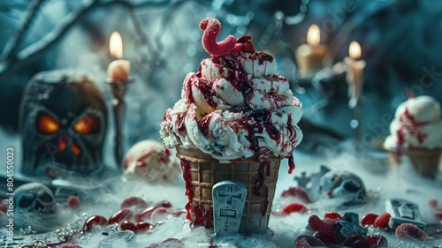 A graveyardthemed ice cream sundae, with tombstone cookies and gummy worms resembling worms crawling out of the ground