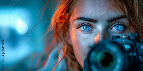 A woman with blue eyes is taking a picture with a camera