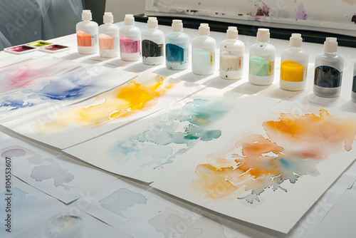 A series of watercolor fixatives, each designed to enhance the longevity of paintings, displayed on a white canvas.
