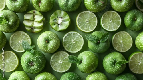 A green apples and limes are arranged in a pattern, AI