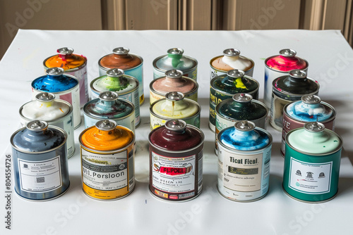 A showcase of various watercolor fixatives in aerosol cans, arranged to display the labels, on a white canvas.