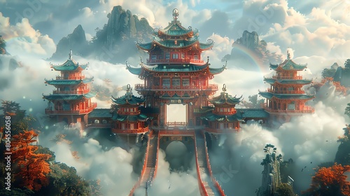 A Chinese palace floating in the sky with clouds and mountains in the background.
