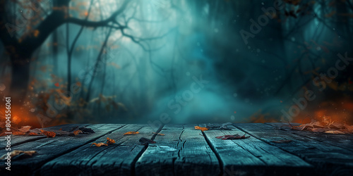 Wooden table with creepy forest background