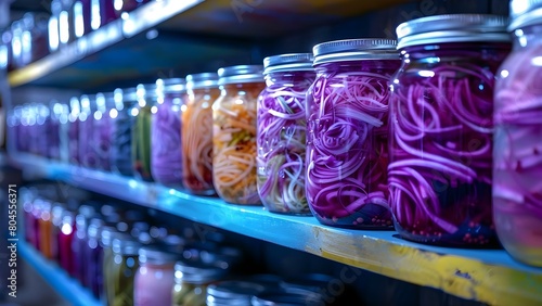 Vibrant jars of pickled vegetables on colorful shelves showcase art of pickling. Concept Food photography, Pickling process, Colorful food display, Art of pickling