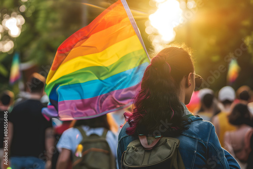 A young woman participating in Gay Pride Day celebrations, holding a rainbow flag.
