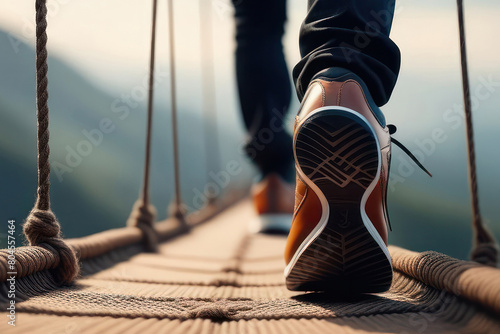 Close-up of a person's feet walking cautiously across a rope bridge, depicting a metaphor for facing challenges and overcoming obstacles in life