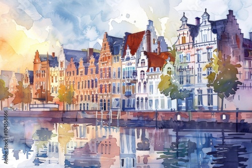 A beautiful watercolor painting of a city situated by the water. Perfect for travel or architecture projects