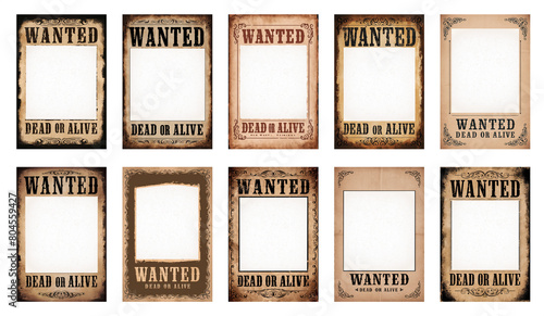 Set of 'Wanted Dead or Alive' vintage posters. Retro 1865 to 1900 time period wanted poster. Transparent background PNG cutout. With subtle aged texture in the hole for when face is added.