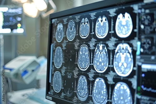 Illustration of understanding stroke and vascular brain issues, brain health. MRI images on the monitor screen