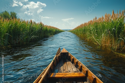 A sturdy wooden boat floats through a narrow canal among tall reeds under a clear blue sky, reflecting a journey