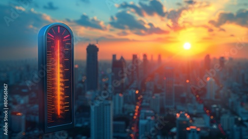 Concept of hot summer day in the city with strong sunlight and thermometer.