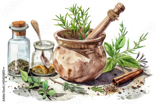 A beautiful watercolor painting of a mortar and various herbs. Perfect for culinary or botanical themes