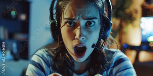 Woman wearing headphones playing video game