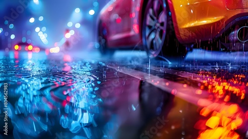 Closeup of wet road car tires highlights importance of safe driving and potential dangers. Concept Road Safety, Wet Conditions, Closeup Shots, Car Tires, Safe Driving,