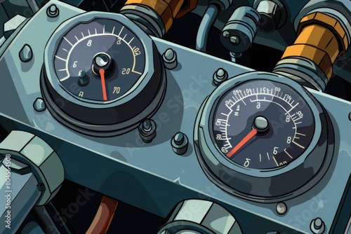 Detailed view of machine with gauges and valves, suitable for industrial concepts