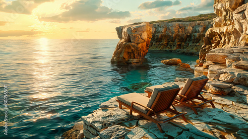 Dramatic Cliffside View at Sunset along the Mediterranean Coast, Turquoise Waters Meeting Rocky Shores