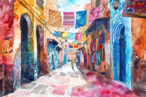 A beautiful watercolor painting of a narrow street. Perfect for interior design projects