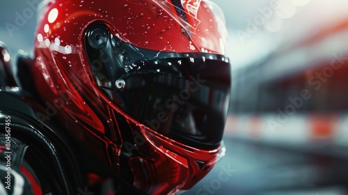 Portrait of a red helmet racer with a blurred background.