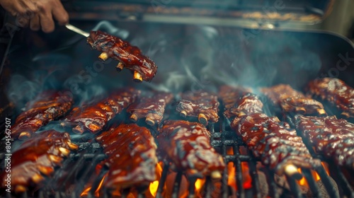 A barbecue enthusiast flipping racks of smoky pork ribs on a grill, a summertime tradition."