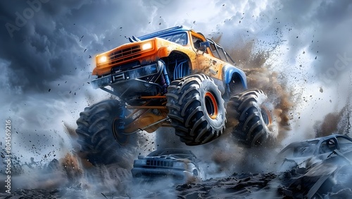 Bigfoot, the monster truck, displays its immense power by crushing cars in a wasteland. Concept Monster Truck Rally, Car Crushing, Off-Roading, Extreme Stunts, Adrenaline Rush